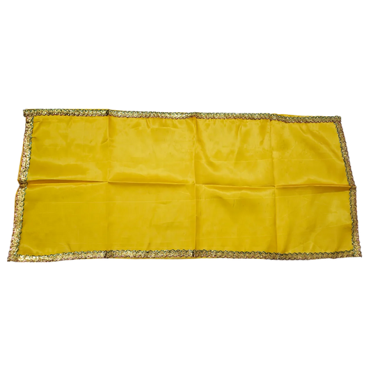 Yellow Satin Pooja Aasan with Golden Lace Border – 18x40 Inch top view
