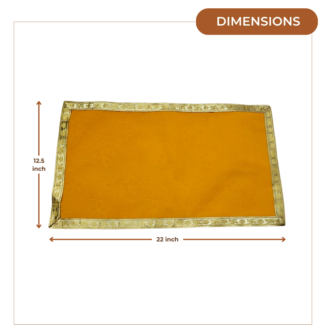 Yellow Velvet Pooja Aasan with Floral Design and Golden Border – 12.5x22 Inch dimensions
