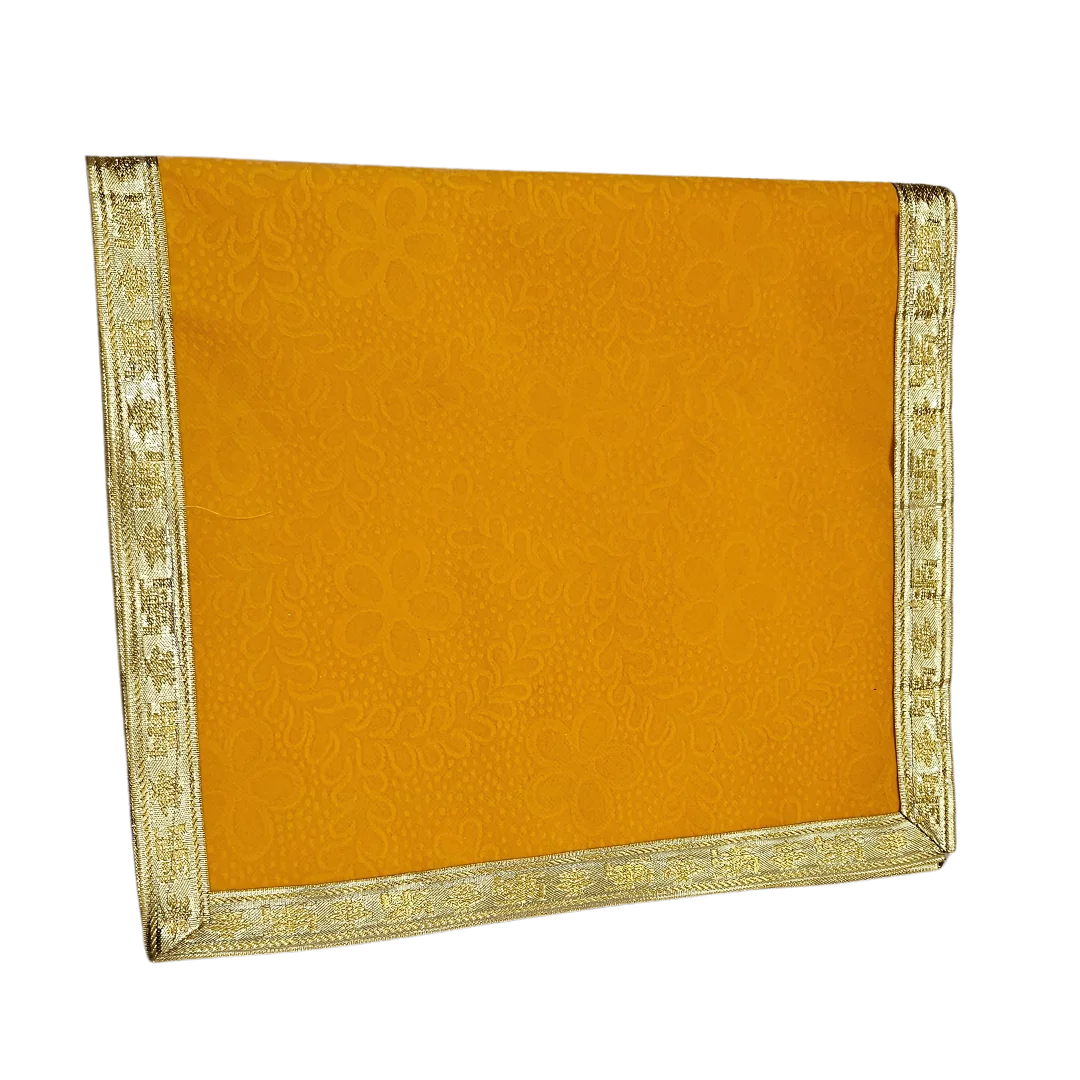 Yellow Velvet Pooja Aasan with Floral Design and Golden Border – 12.5x22 Inch fold view