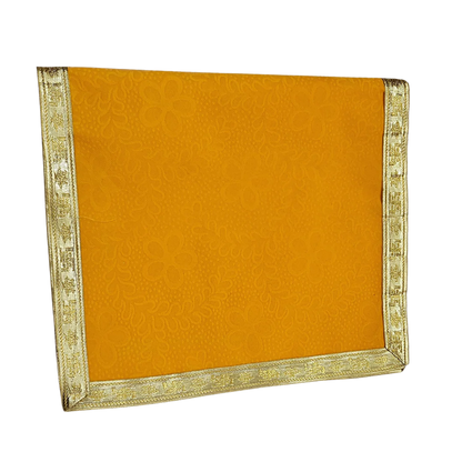 Yellow Velvet Pooja Aasan with Floral Design and Golden Border – 12.5x22 Inch fold view