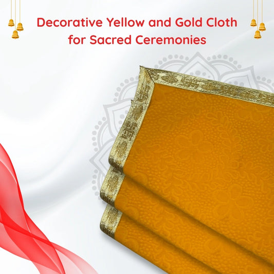 Yellow Velvet Pooja Aasan with Floral Design and Golden Border – 12.5x22 Inch folding  view