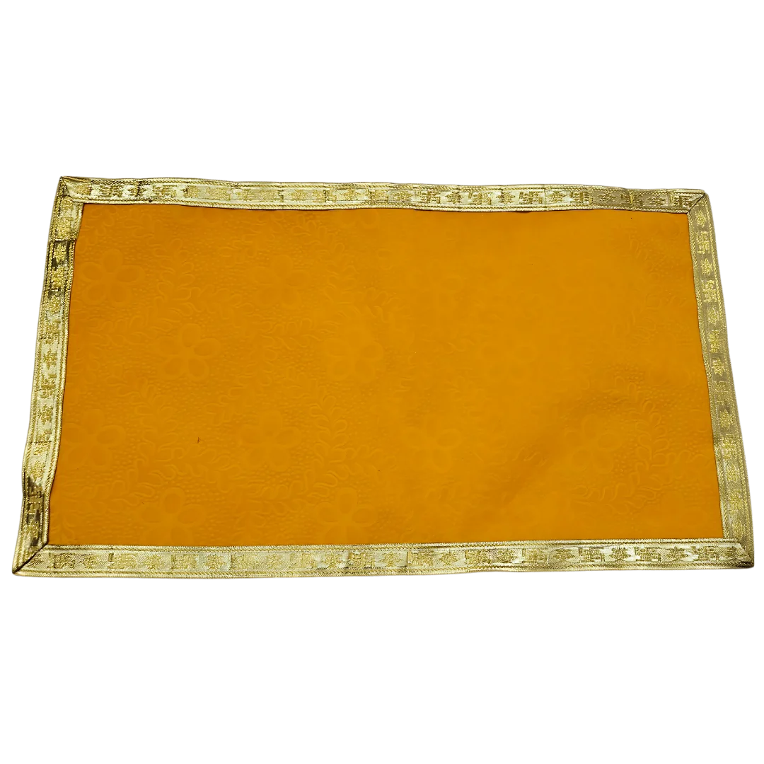 Yellow Velvet Pooja Aasan with Floral Design and Golden Border – 12.5x22 Inch top view