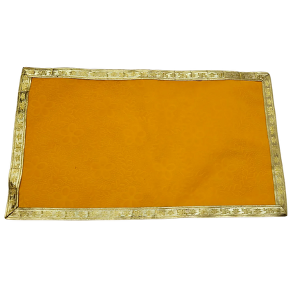 Yellow Velvet Pooja Aasan with Floral Design and Golden Border – 12.5x22 Inch top view