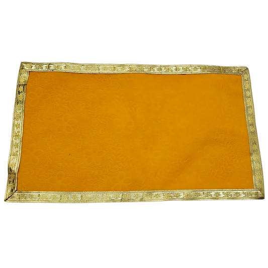 Yellow Velvet Pooja Aasan with Floral Design and Golden Border – 12.5x22 Inch top view