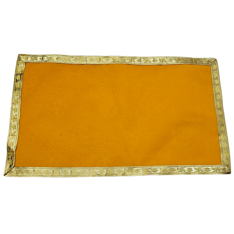 Yellow Velvet Pooja Aasan with Floral Design and Golden Border 12.5x22 Inch