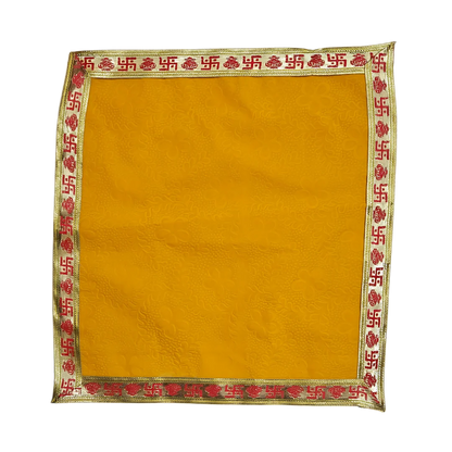 Yellow Velvet Pooja Aasan with Swastik Border – 18x20 Inch top view