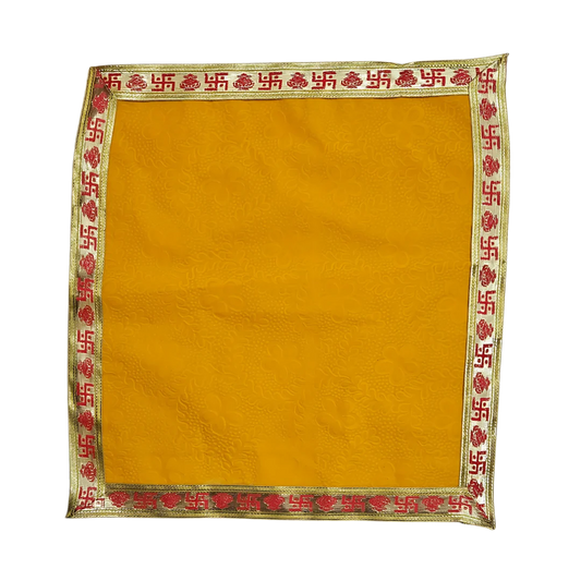 Yellow Velvet Pooja Aasan with Swastik Border – 18x20 Inch top view