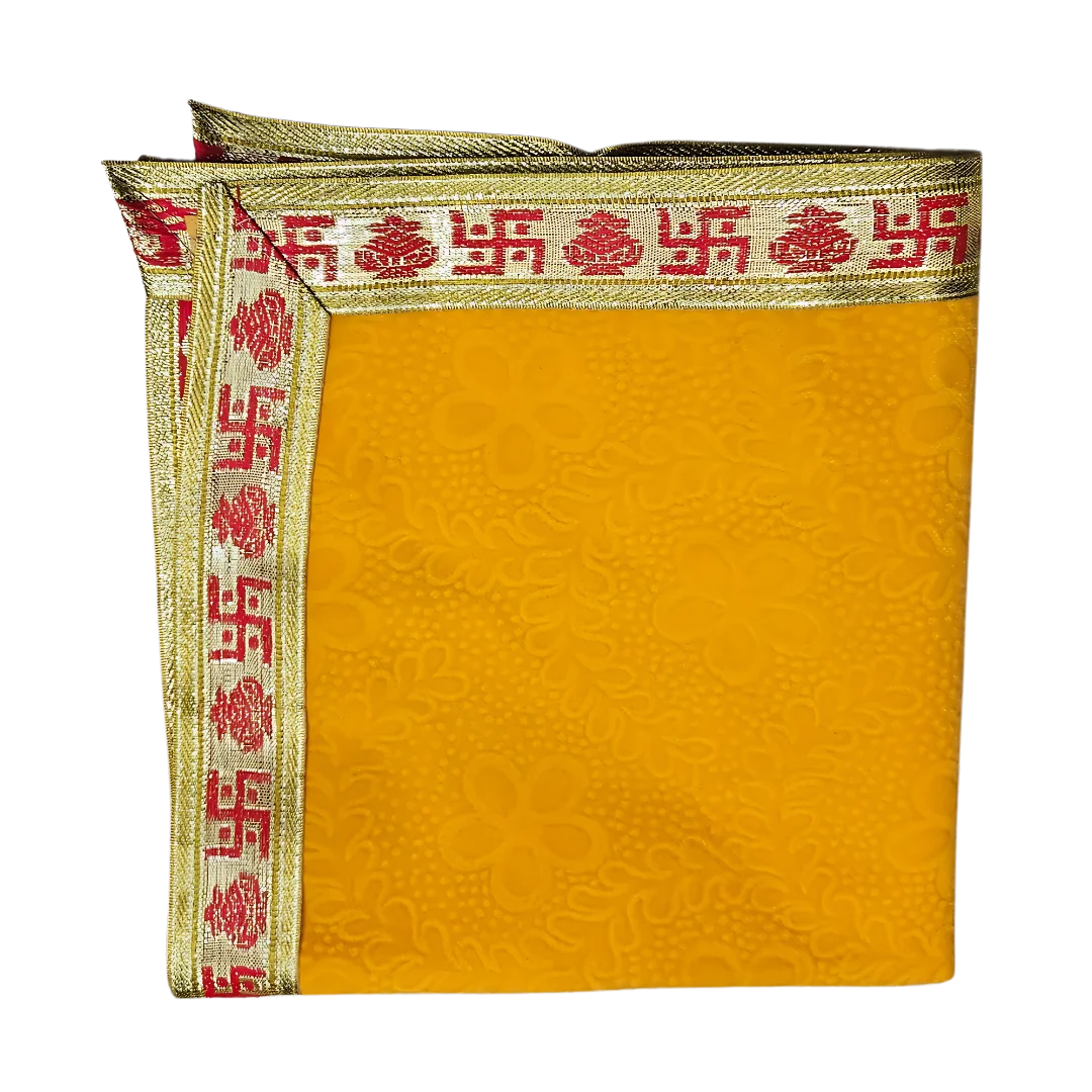 Yellow Velvet Pooja Aasan with Swastik Border – 18x20 Inch fold view