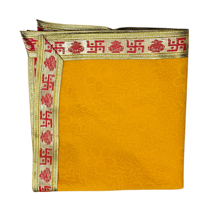 Yellow Velvet Pooja Aasan with Swastik Border – 18x20 Inch fold view