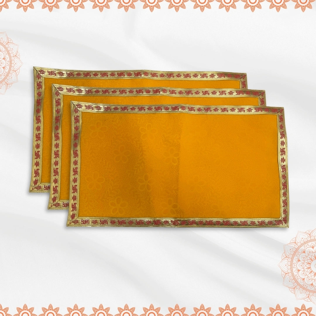 Yellow Velvet Pooja Aasan with Swastik Border – 18x20 Inch top view