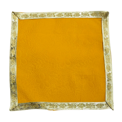 Yellow Floral Velvet Pooja Aasan with Golden Border – 12x12 Inch top view