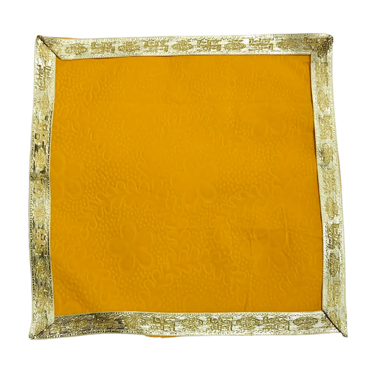 Yellow Floral Velvet Pooja Aasan with Golden Border – 12x12 Inch top view