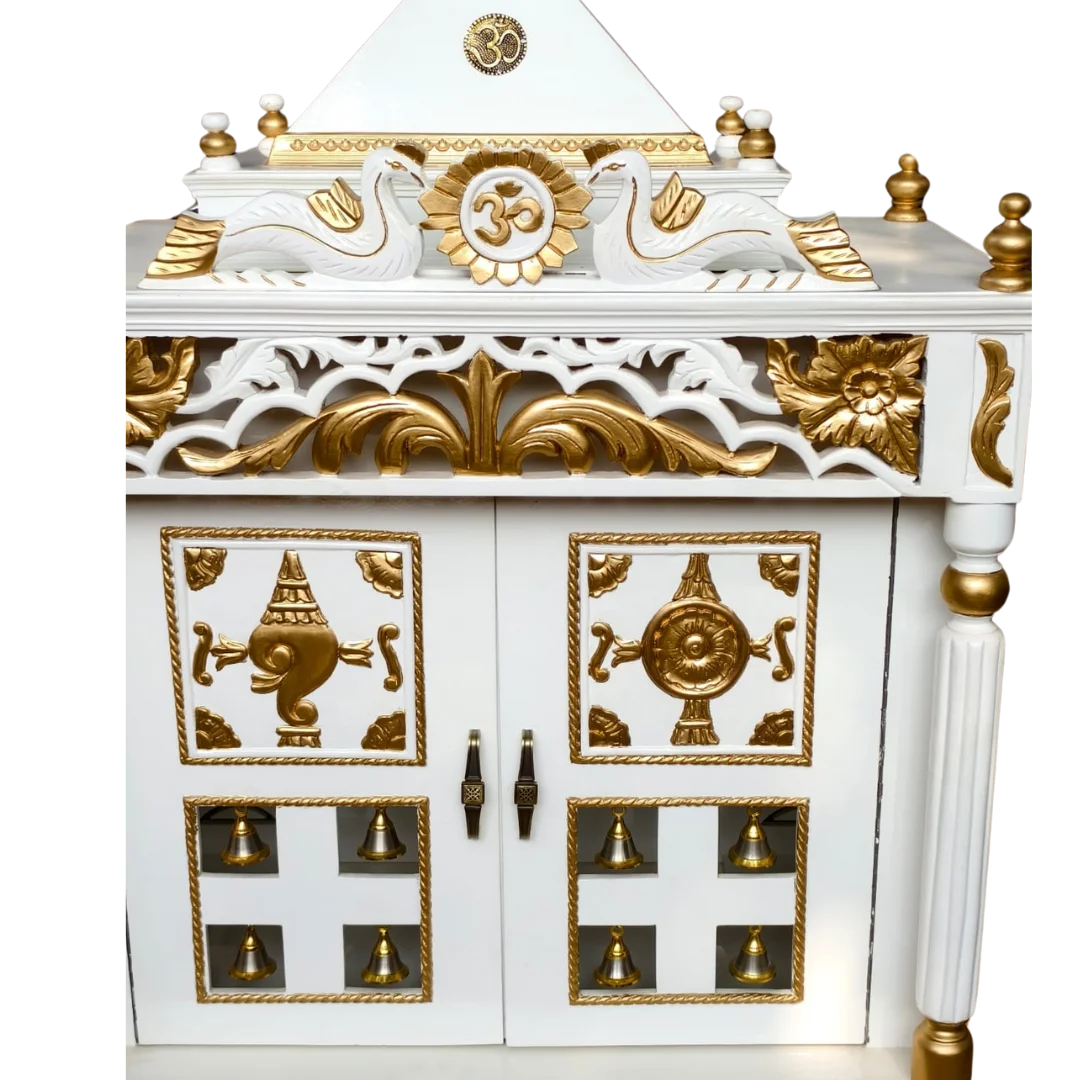 Zoom View of Prabhava Floor Rested Pooja Mandir with Door (White Gold)