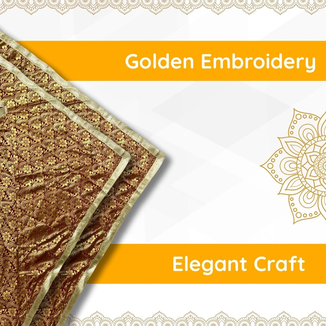 Golden Floral Design Brown Pooja Aasan with Silver Border