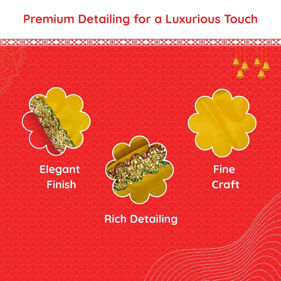 Yellow Satin Pooja Aasan with Golden Lace Border – 18x40 Inch