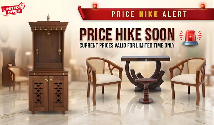 Furniture set with a 'Price Hike Soon' alert banner in the background