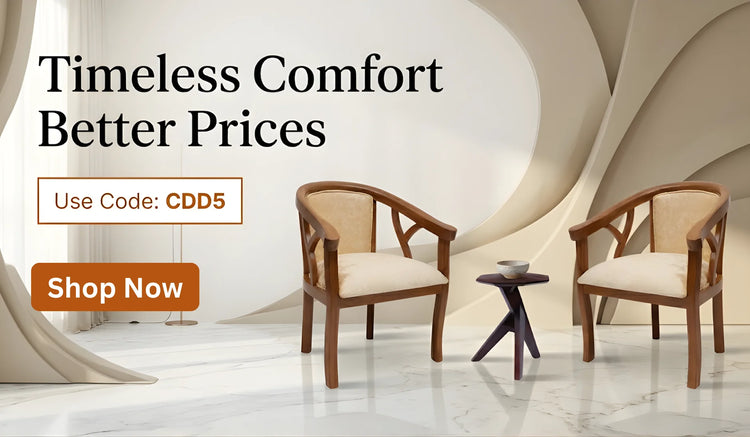 Two wooden chairs with beige cushions and a small table in a modern interior setting, with promotional text overlay.