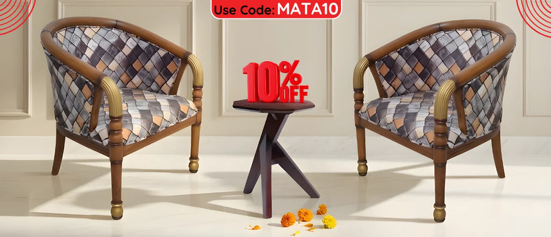 Two patterned chairs for bedroom with a small table in the center