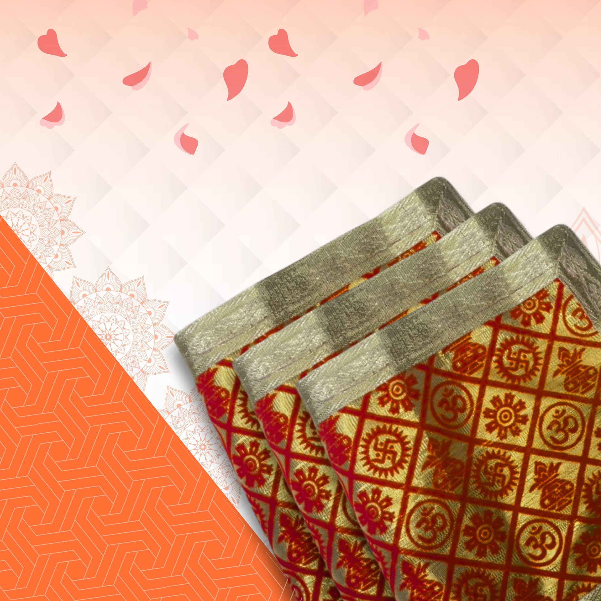 Red and Golden Brocade Puja Aasan with Spiritual Motifs border view