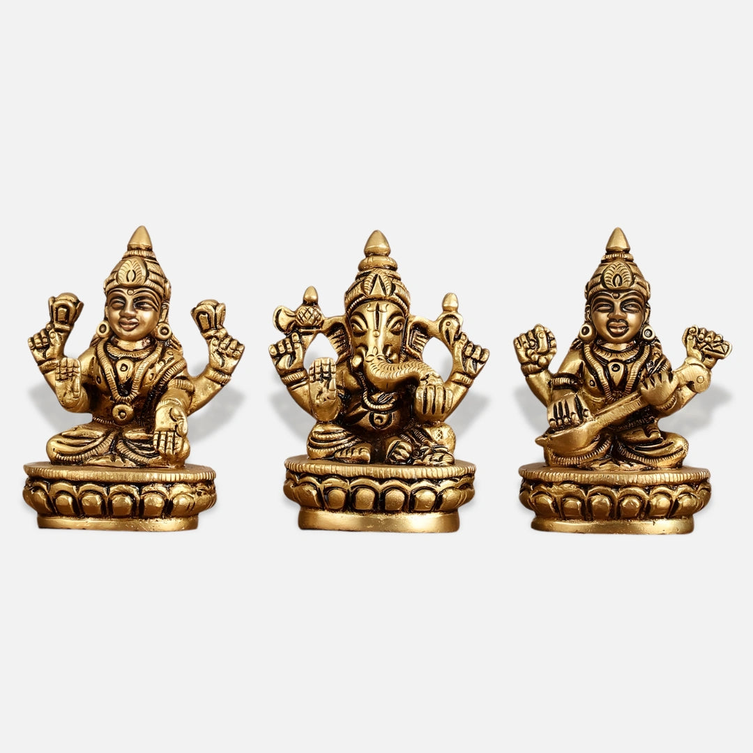 Lakshmi Ganesha Saraswati Miniature Brass Idol