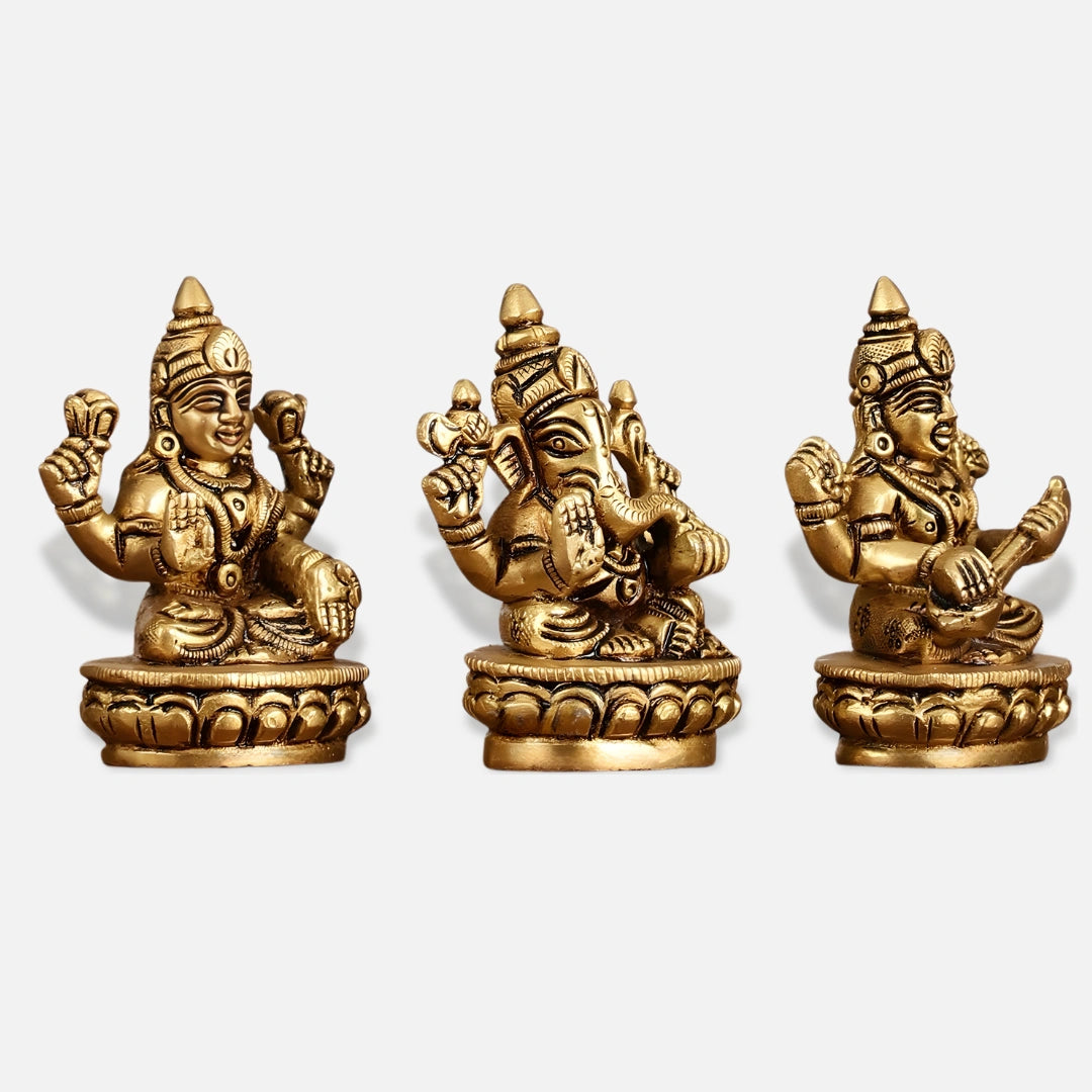 Lakshmi Ganesha Saraswati Miniature Brass Idol