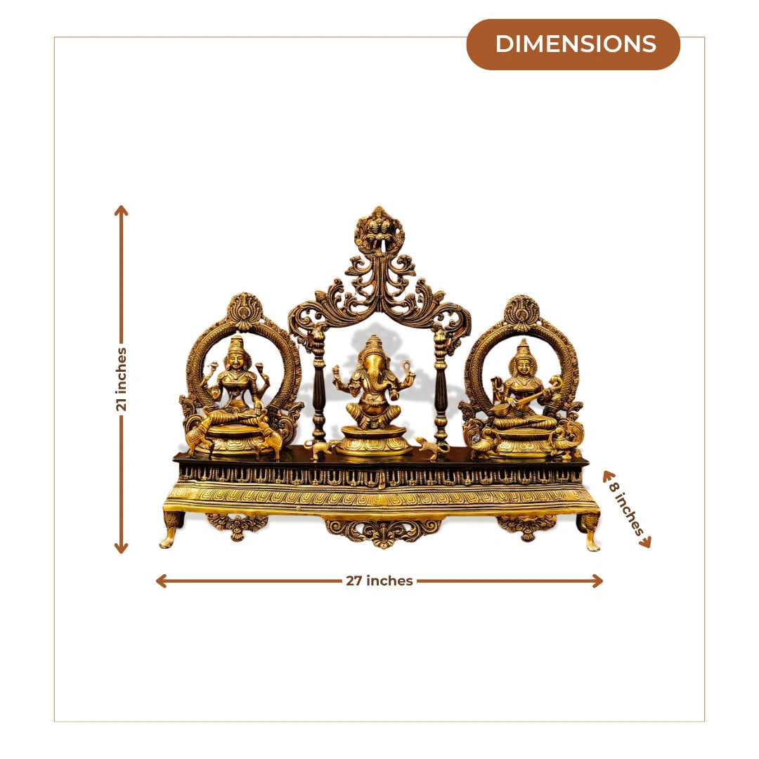 Brass Lakshmi ganesh Saraswati Idol with Singhasan 2