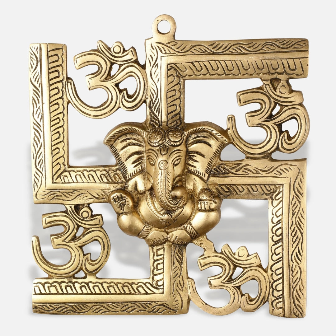 Swastik Ganesha Brass Wall Hanging with Om Symbols