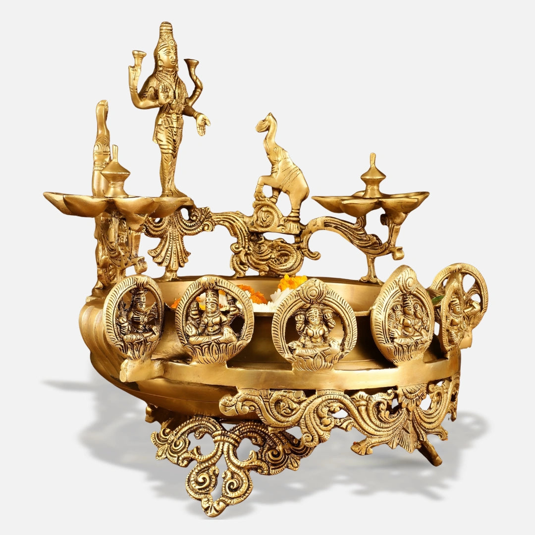 Brass Oil Lamp with Lord Vishnu and Elephant Brass Idol