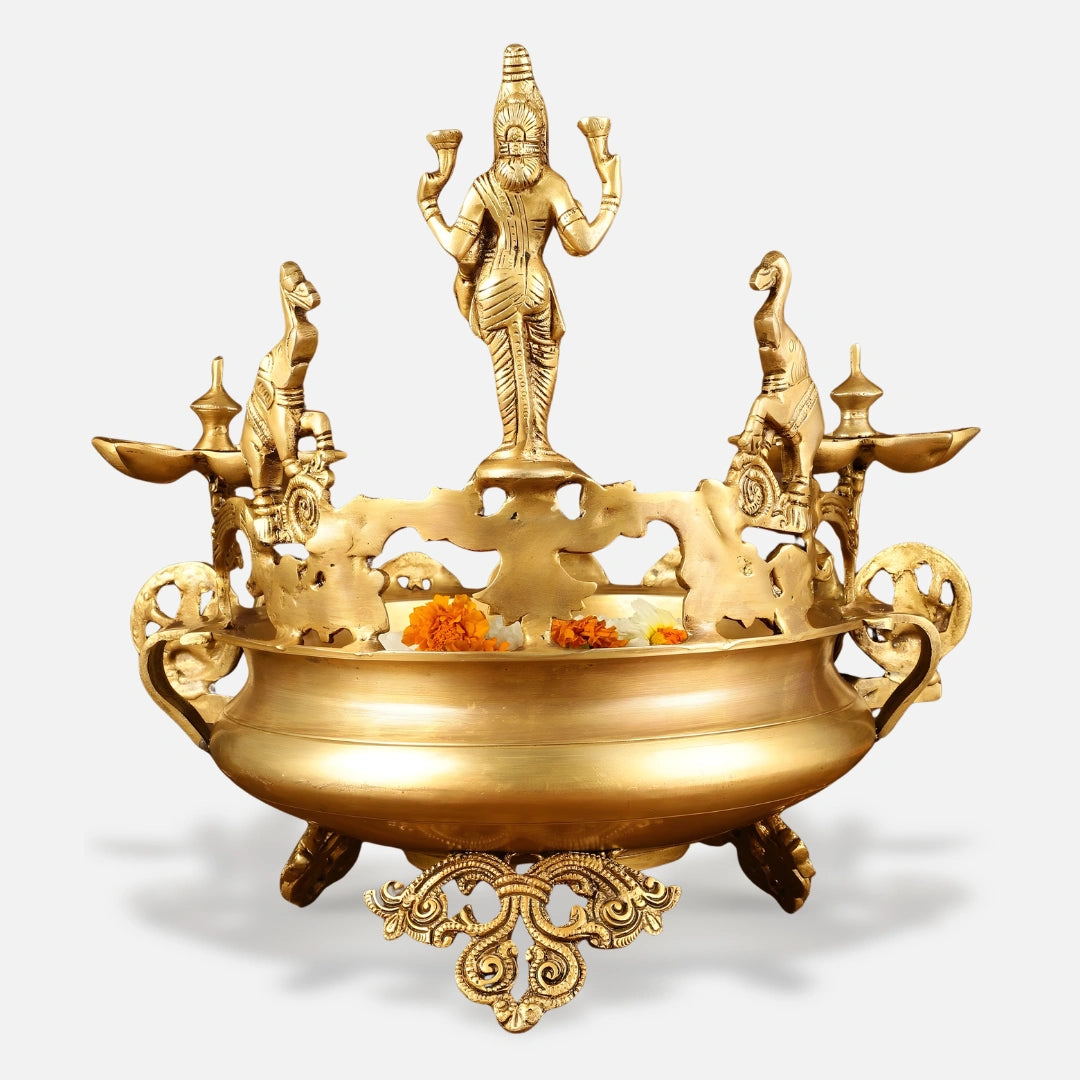 Brass Oil Lamp with Lord Vishnu and Elephant Brass Idol
