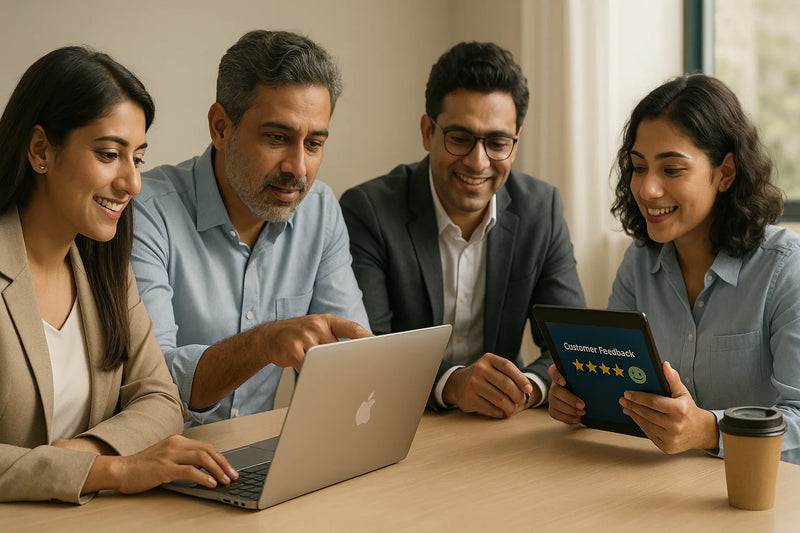A group of four professionals sitting around a desk, collaborating with a laptop and tablet. The tablet shows customer feedback with a five-star rating and a smiley face.
