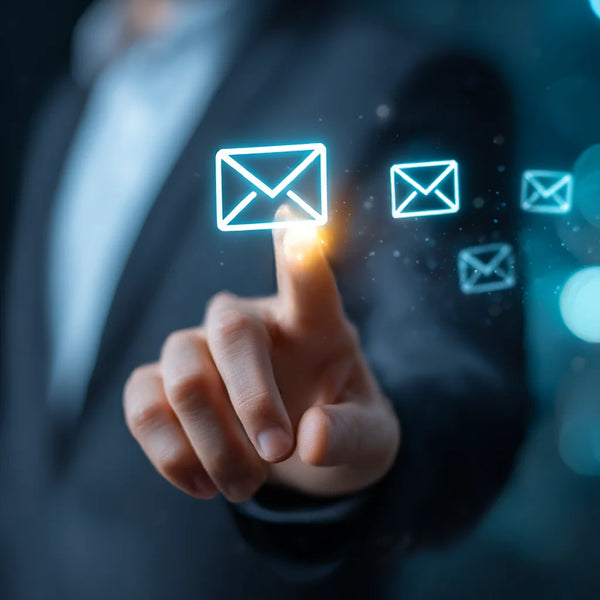A businessman in a suit touching a glowing email icon, representing digital communication and email technology.