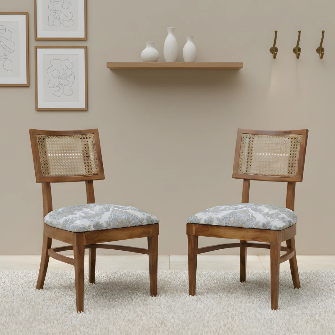 Two cane dining chairs with patterned cushions