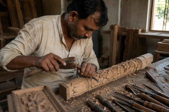 craftman cariving wooden pillar for pooja mandir