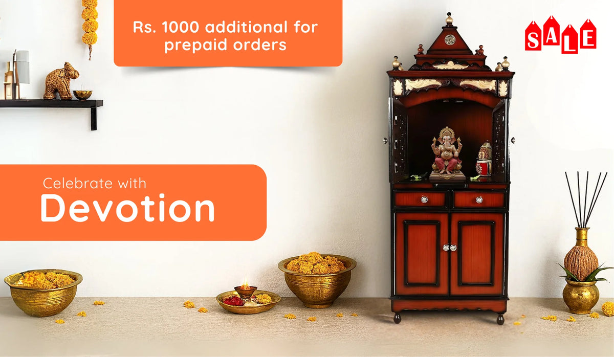 Celebrate with Devotion banner featuring red wooden pooja cabinet housing Ganesh idol, marigold décor and prepaid-order discount from DZYN Furnitures.