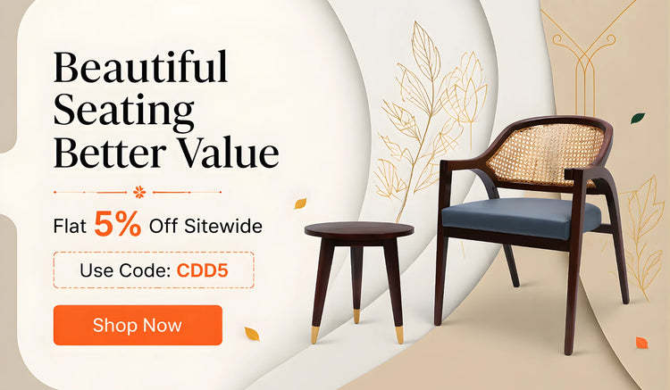 Furniture advertisement with a chair and table on a decorative background, featuring text about a discount offer.