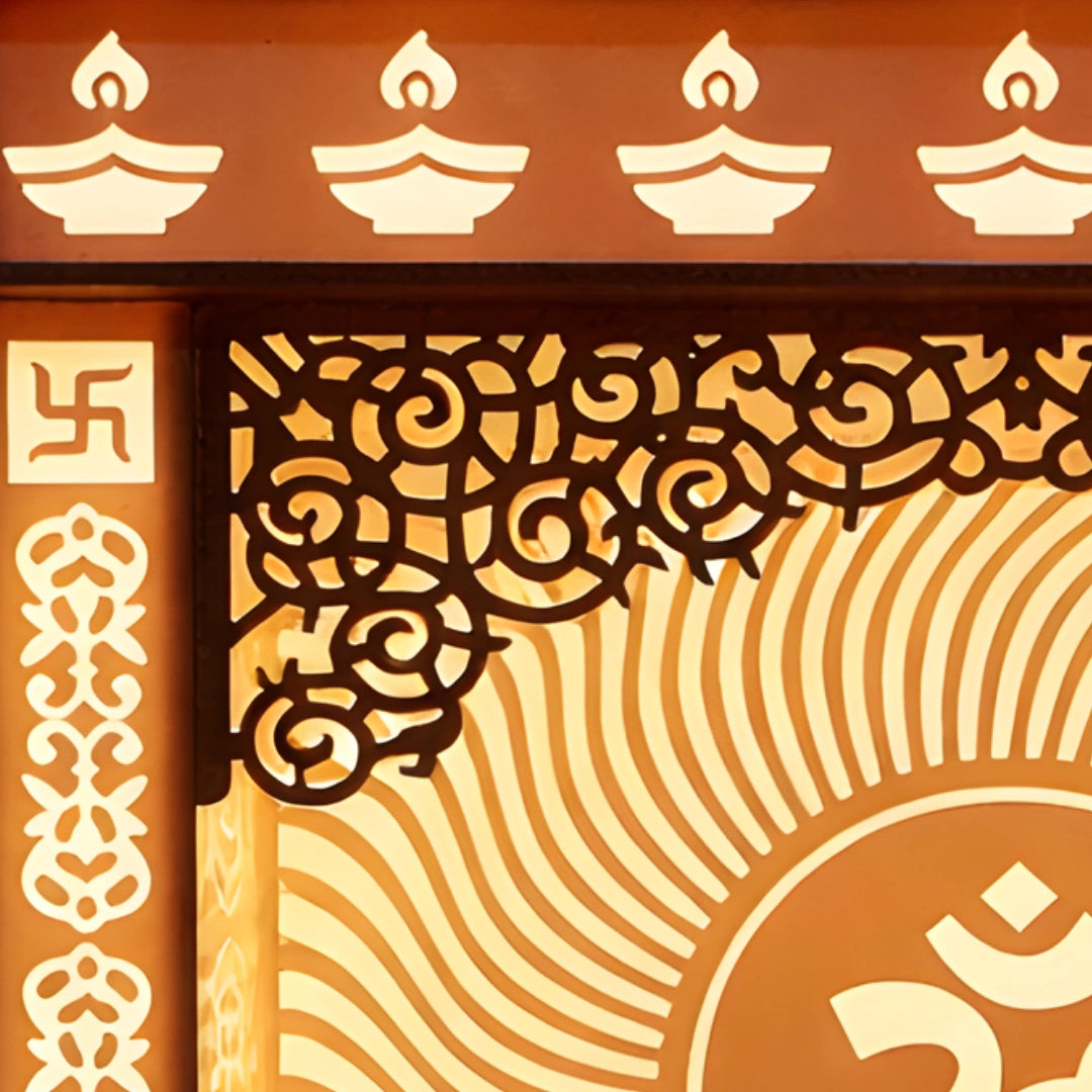 close view of Omtarang Wooden Corian Mandir (White) 