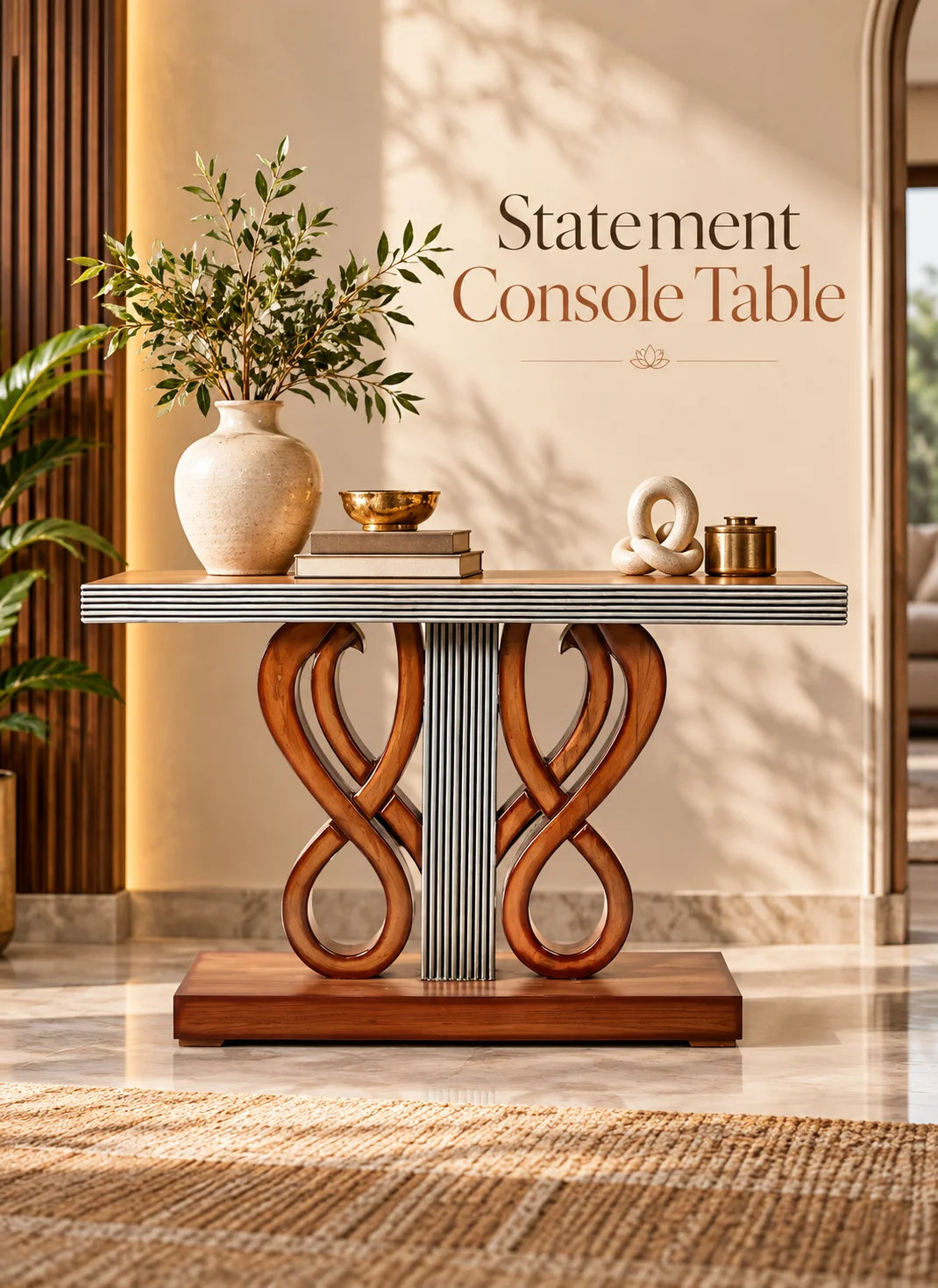 Solid wood console table with a curved base