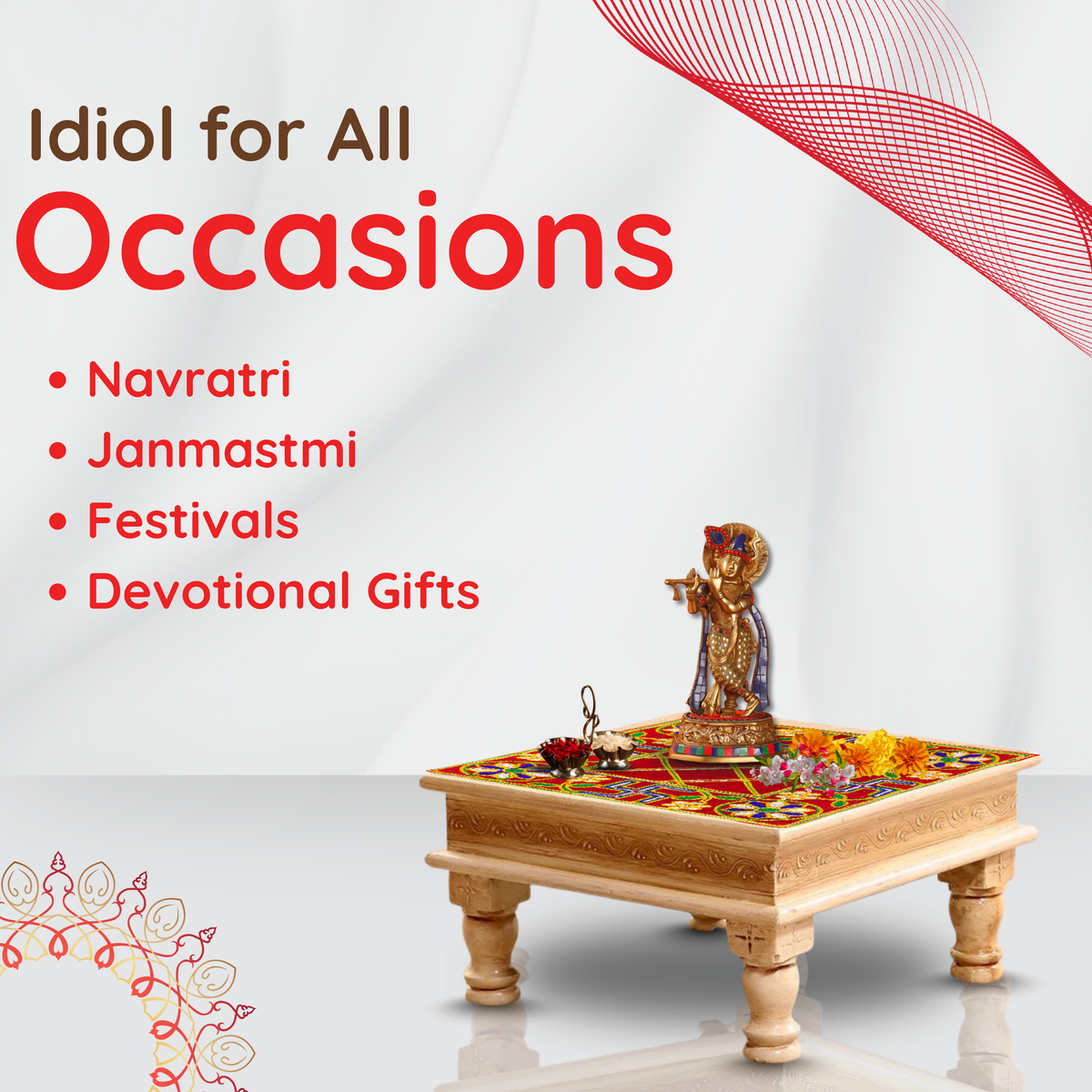 dimensions of Red Pooja Aasan with Floral & Swastik Design