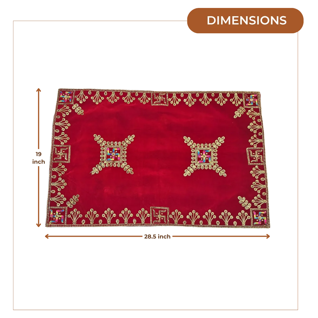 Velvet Red Swastik Embroidered Pooja Aasan with Golden Mirror Work