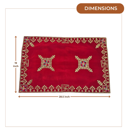 Velvet Red Swastik Embroidered Pooja Aasan with Golden Mirror Work