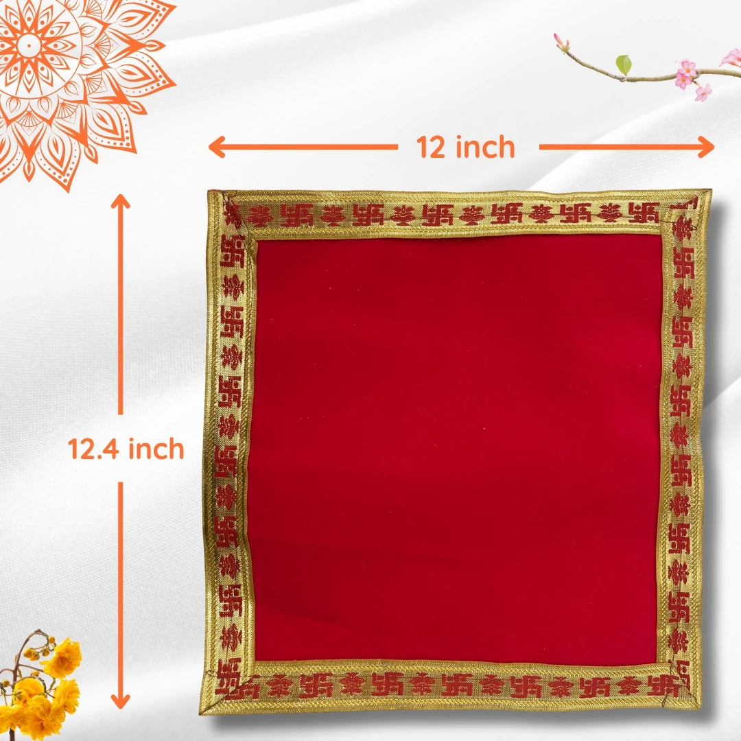 dimensinos of  Red Pooja Aasan with Swastik Kalash Border – 12x12.4 Inch 