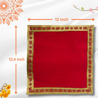 dimensinos of  Red Pooja Aasan with Swastik Kalash Border – 12x12.4 Inch 