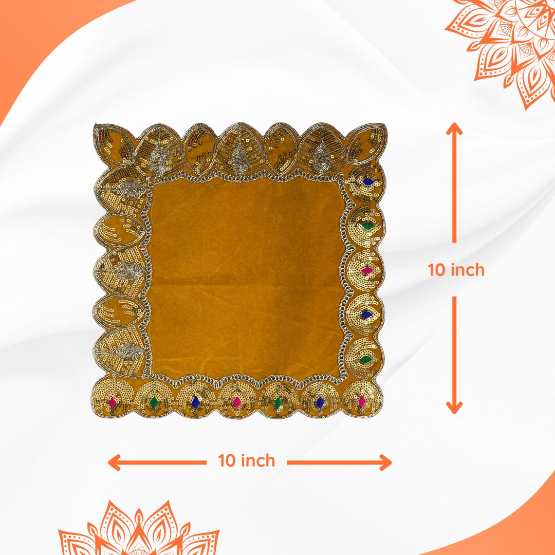 dimension view of Velvet Pooja Aasan with Decorative Golden Border 