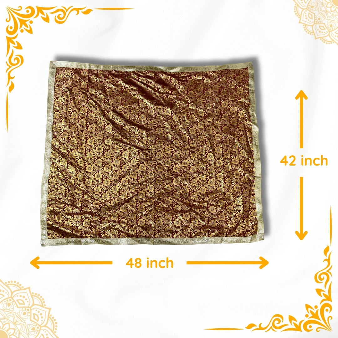 dimensions-image-of-Golden-Floral-Design-Brown-Pooja-Aasan-with-Silver-Border