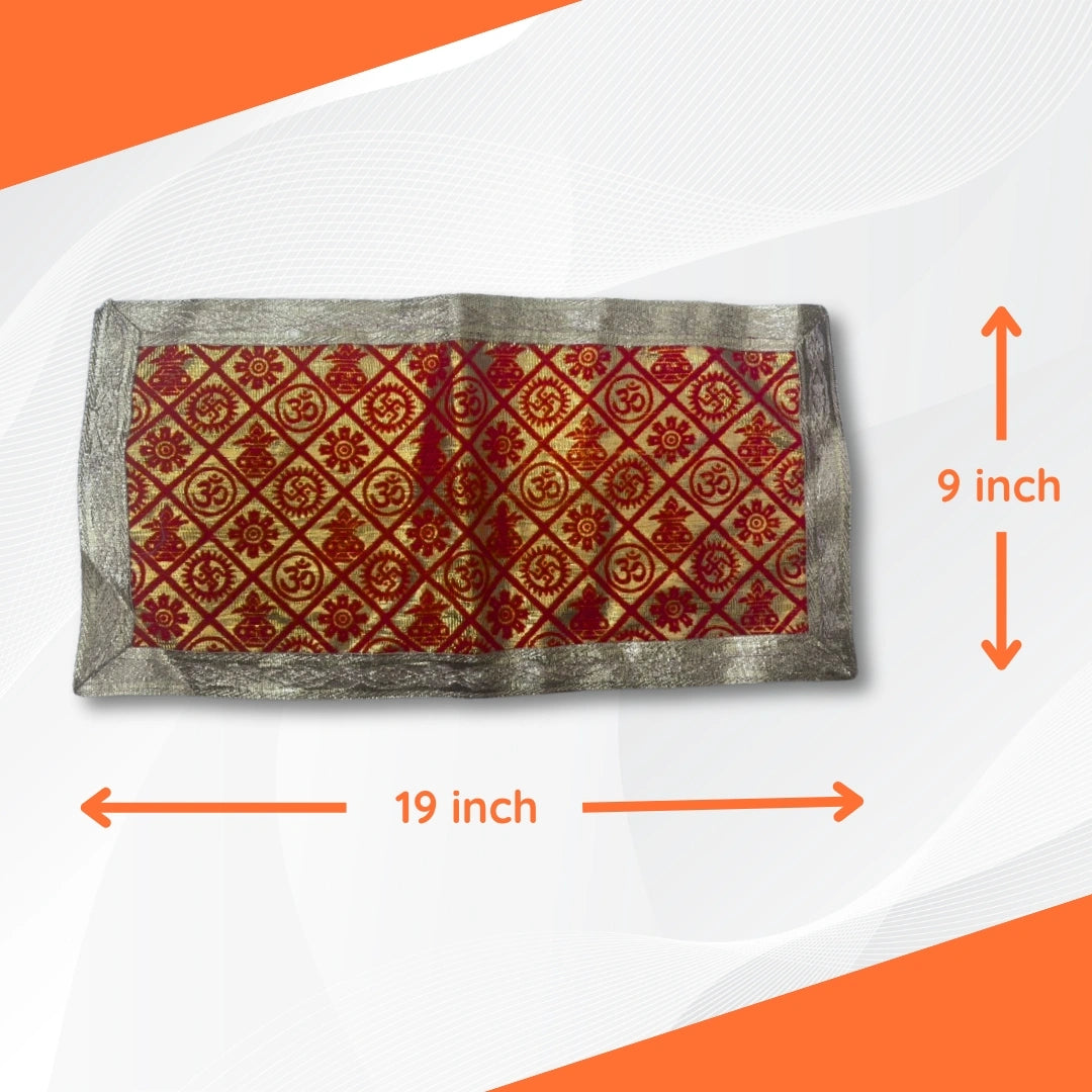 dimensions  image of Red and Golden Brocade Puja Aasan with Spiritual Motifs