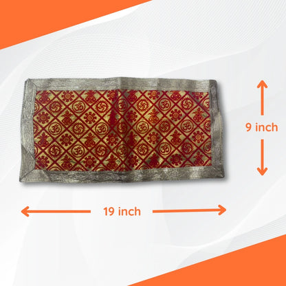 dimensions  image of Red and Golden Brocade Puja Aasan with Spiritual Motifs