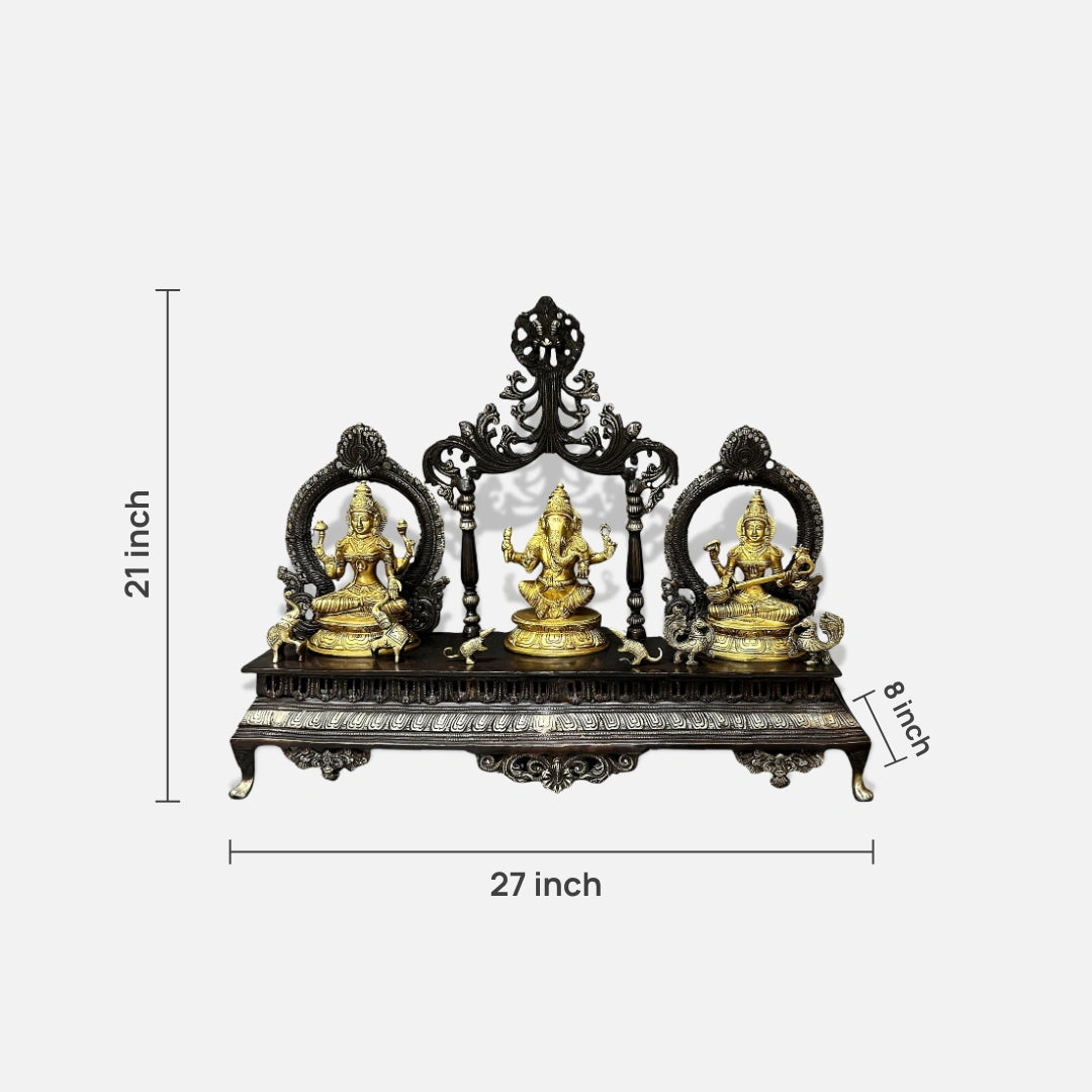 dimensions of Brass Lakshmi ganesh Saraswati Idol with Singhasan 1