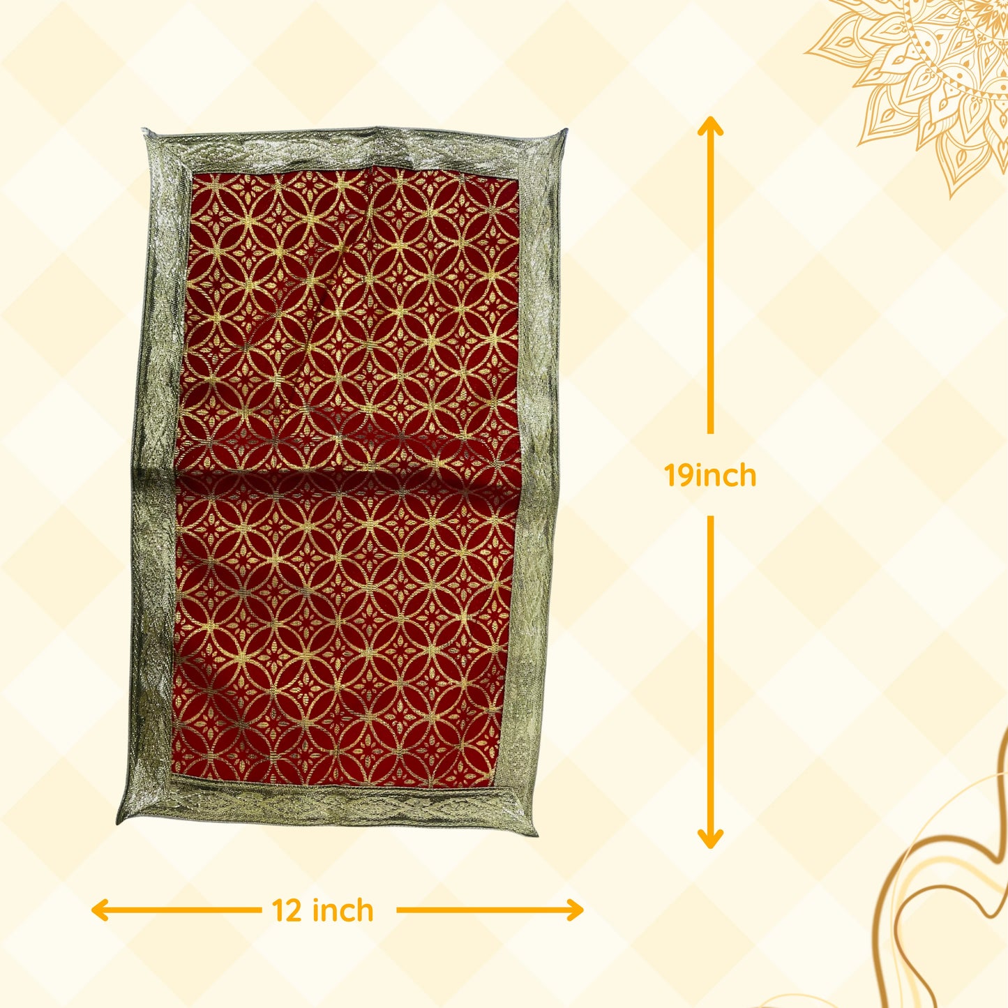 dimensions of Golden Floral Design Red Velvet Pooja Asan