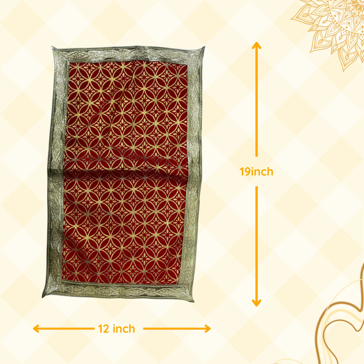 dimensions of Golden Floral Design Red Velvet Pooja Asan
