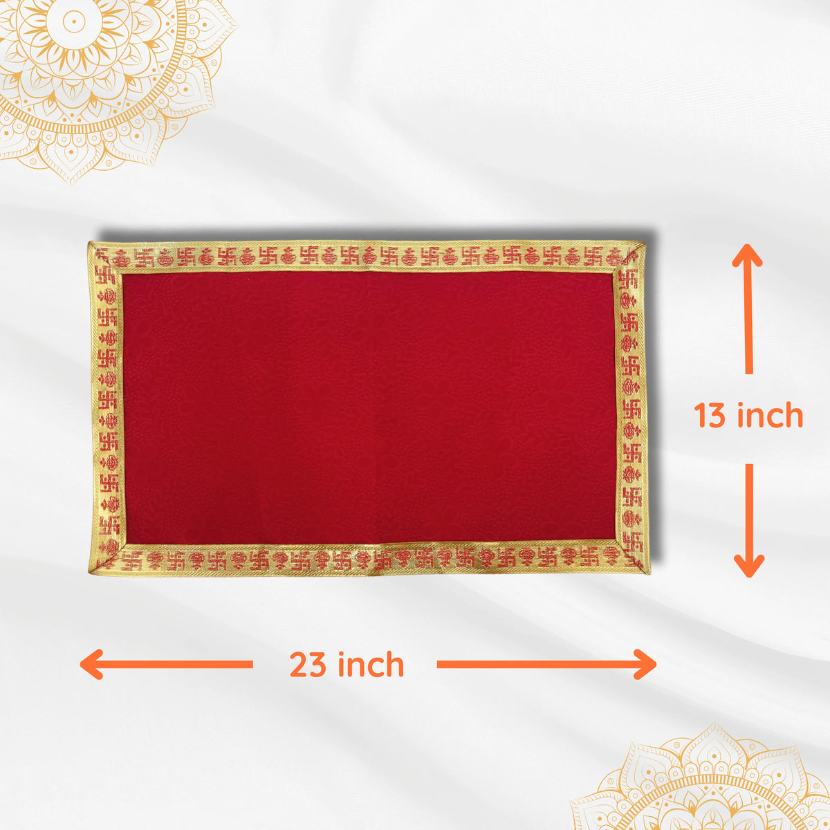 dimensions of Red Floral Design Pooja Aasan with Swastik Border – 23x13 